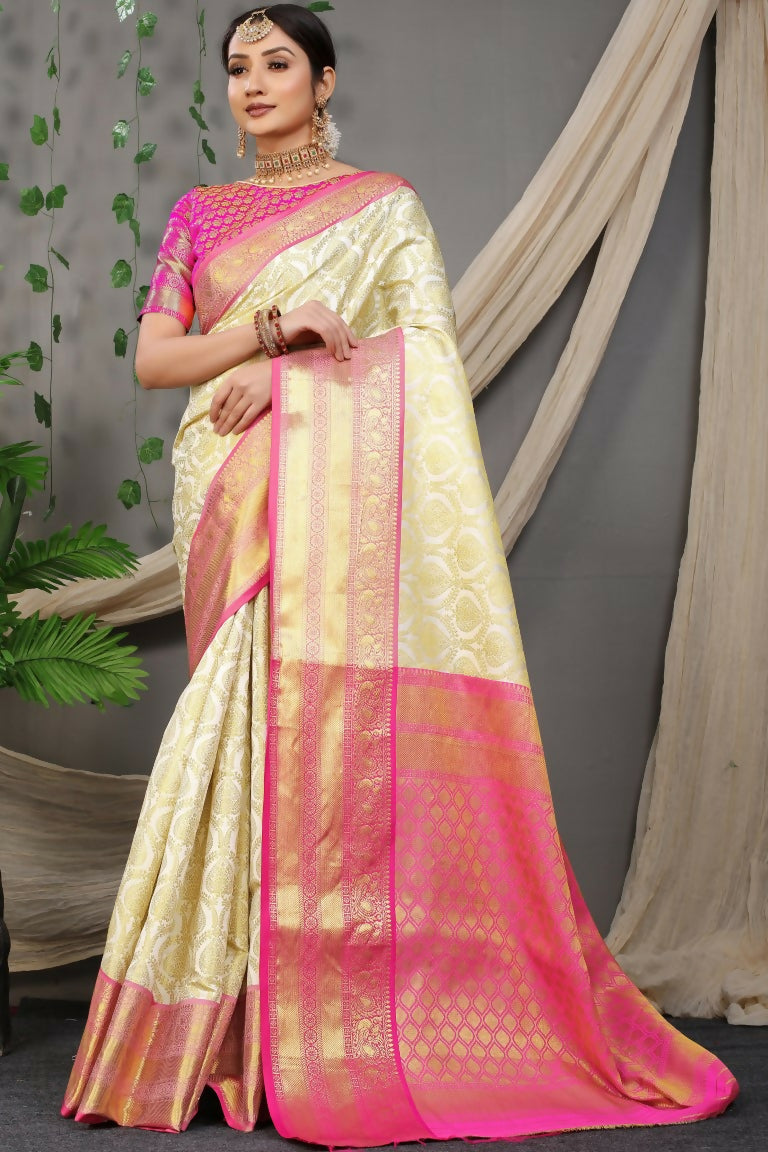 Jyoti Fashion Women's Off White Kanjivaram Silk Zari Woven Saree with Blouse