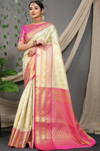 Jyoti Fashion Women's Off White Kanjivaram Silk Zari Woven Saree with Blouse