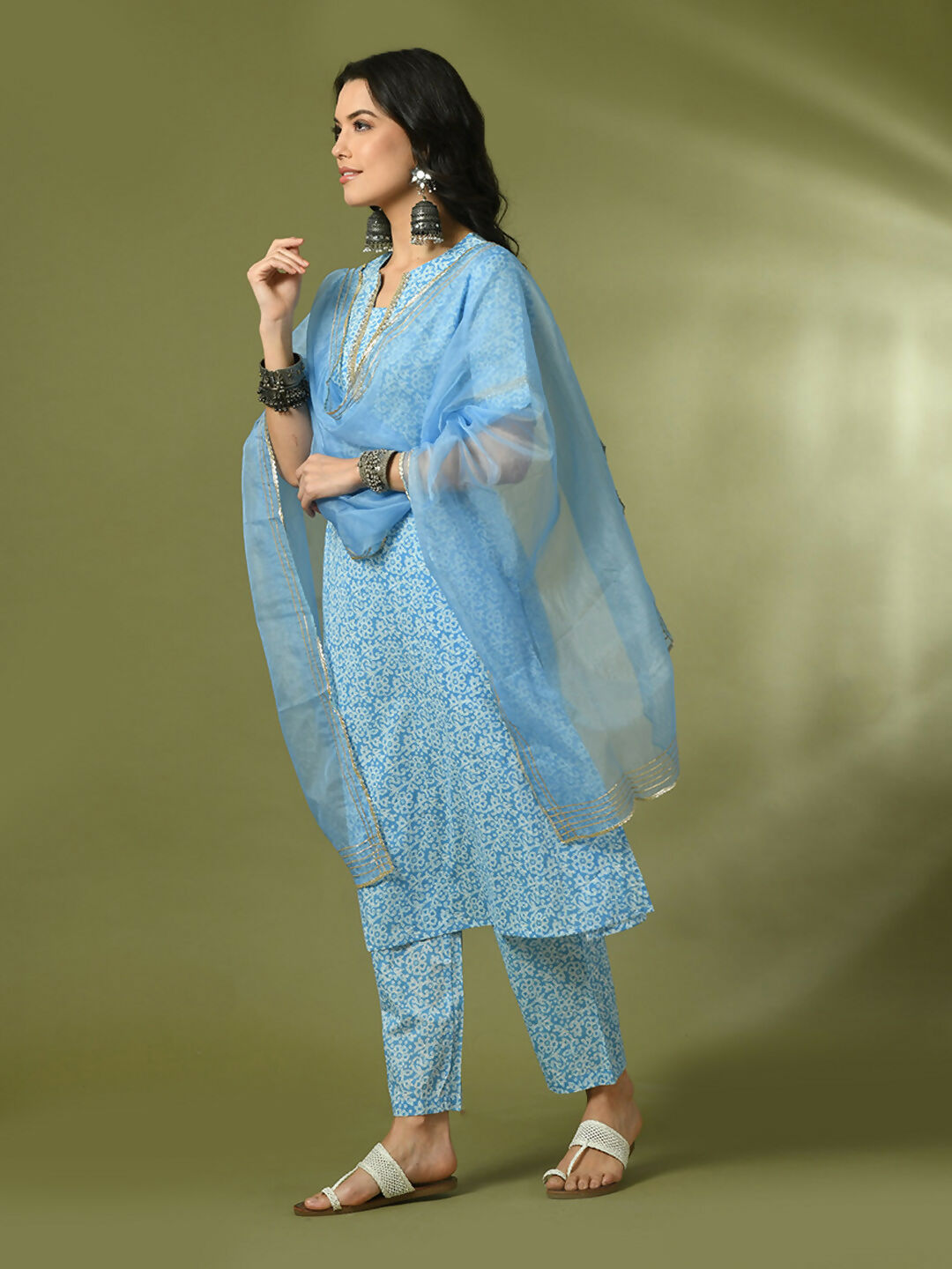 Myshka Women's Blue Printed Cotton Straight Party Kurta Set With Dupatta
