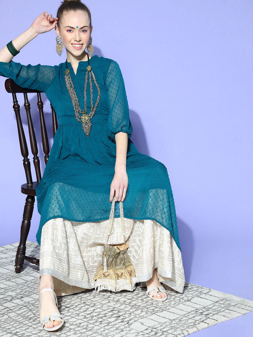 Janasya Teal Woven Design Dobby Weave Kurta - Distacart