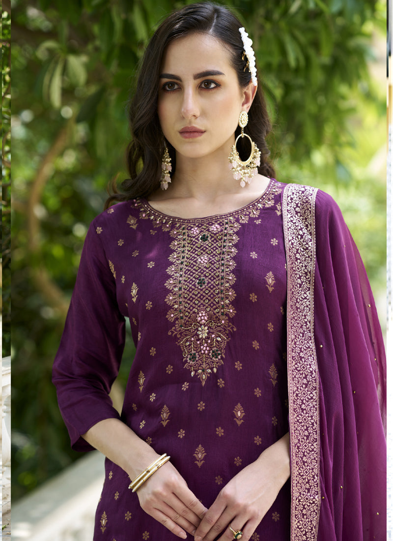 Vegaa Fashion Violet Viscose Rayon Embroidered Salwar Suit - Distacart