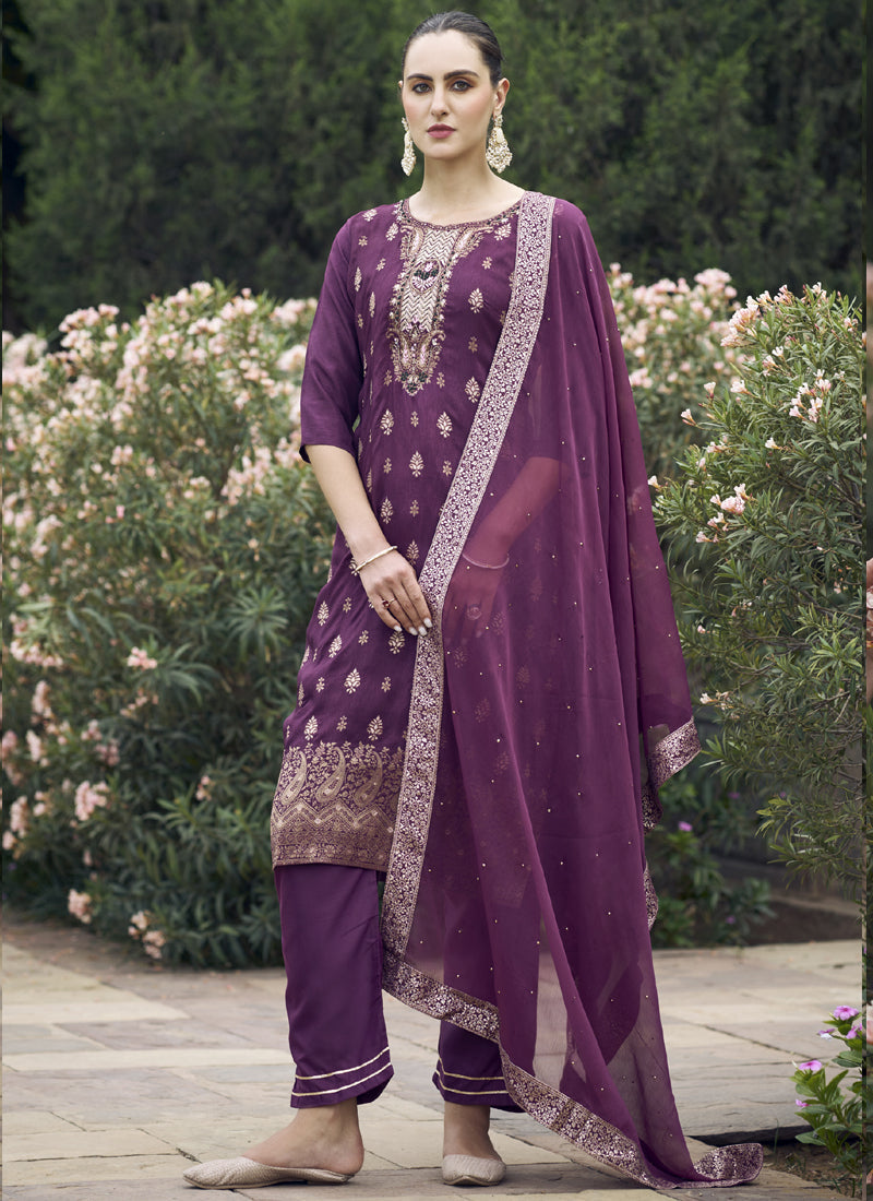 Vegaa Fashion Wine Viscose Rayon Embroidered Salwar Suit - Distacart