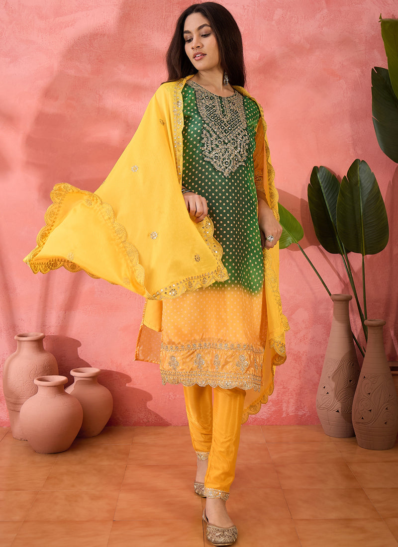 Vegaa Fashion Green And Yellow Chinon Silk Embroidered Salwar Suit - Distacart