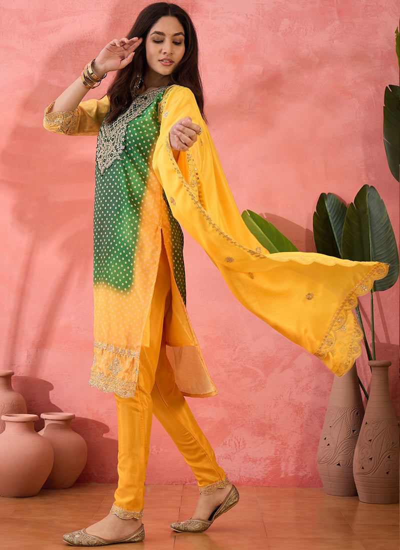 Vegaa Fashion Green And Yellow Chinon Silk Embroidered Salwar Suit - Distacart