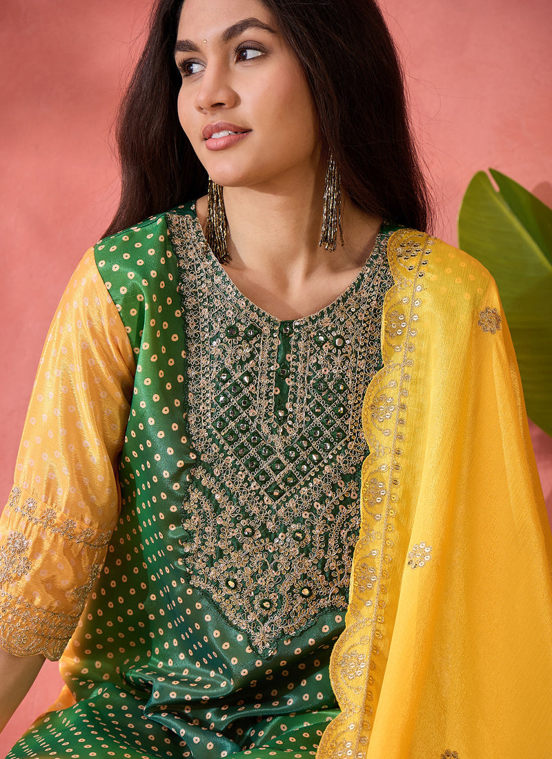 Vegaa Fashion Green And Yellow Chinon Silk Embroidered Salwar Suit - Distacart