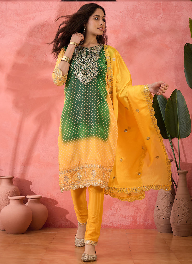 Vegaa Fashion Green And Yellow Chinon Silk Embroidered Salwar Suit - Distacart