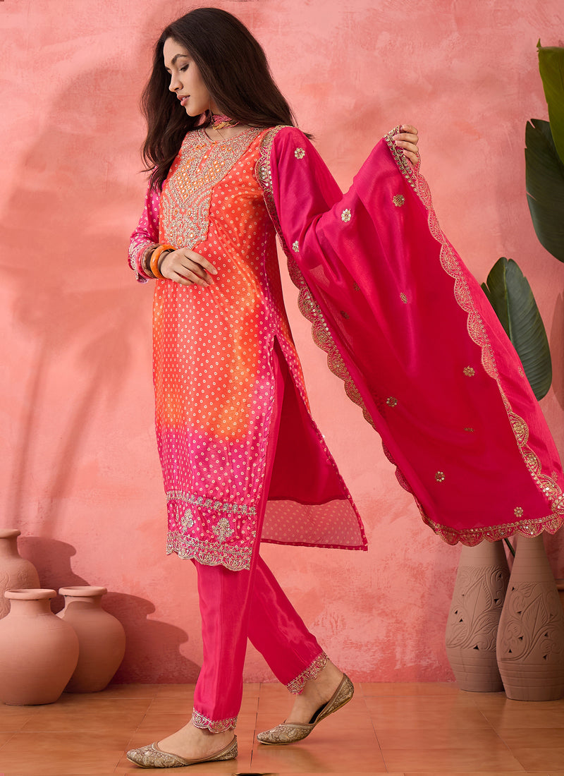 Vegaa Fashion Pink And Orange Chinon Silk Embroidered Salwar Suit - Distacart