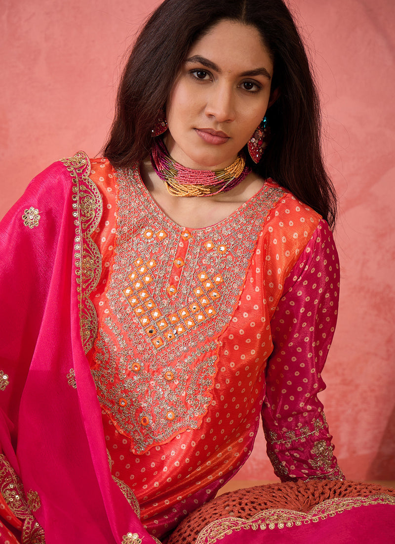 Vegaa Fashion Pink And Orange Chinon Silk Embroidered Salwar Suit - Distacart