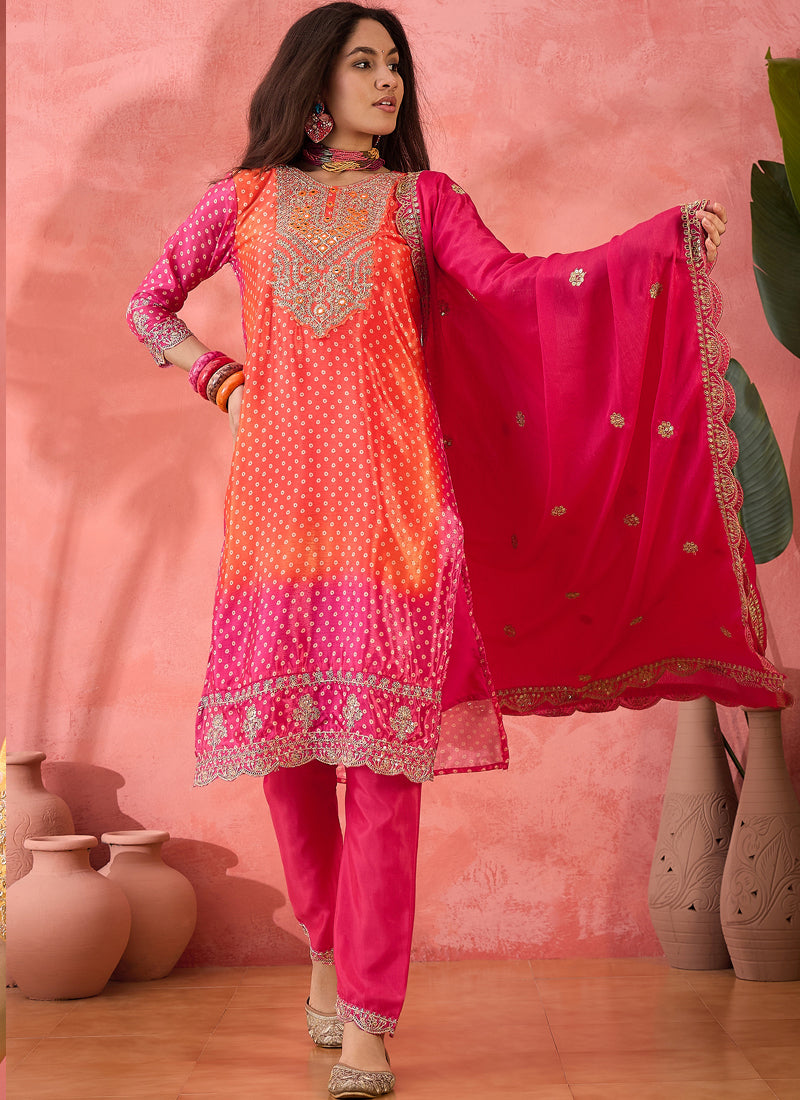 Vegaa Fashion Pink And Orange Chinon Silk Embroidered Salwar Suit - Distacart