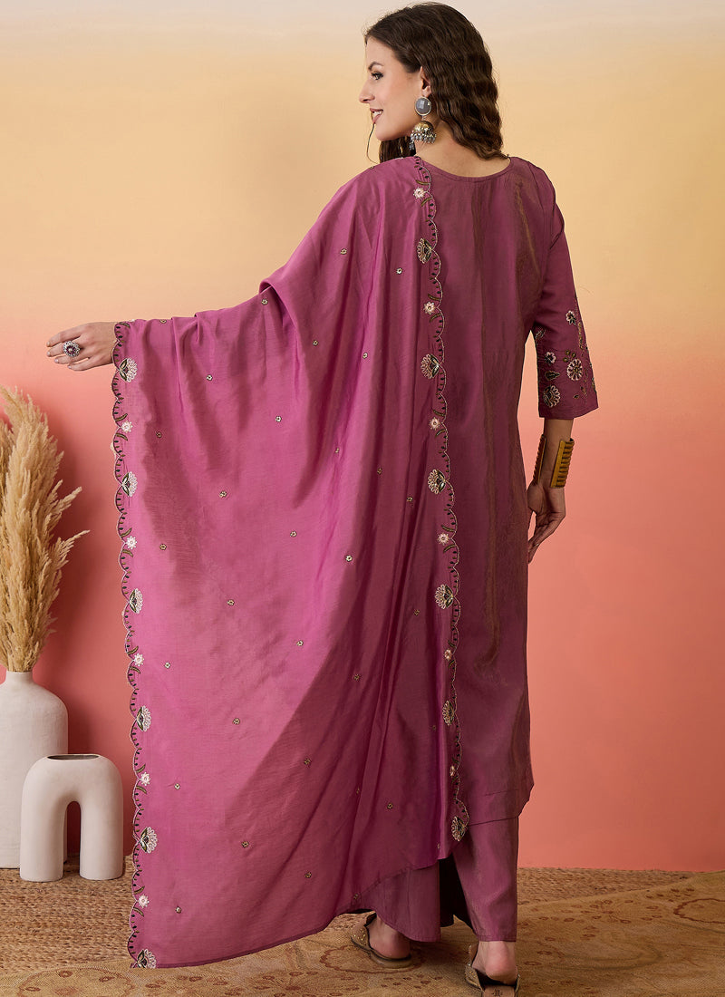 Vegaa Fashion Onion Pink Roman Silk Embroidered Palazzo Suit
