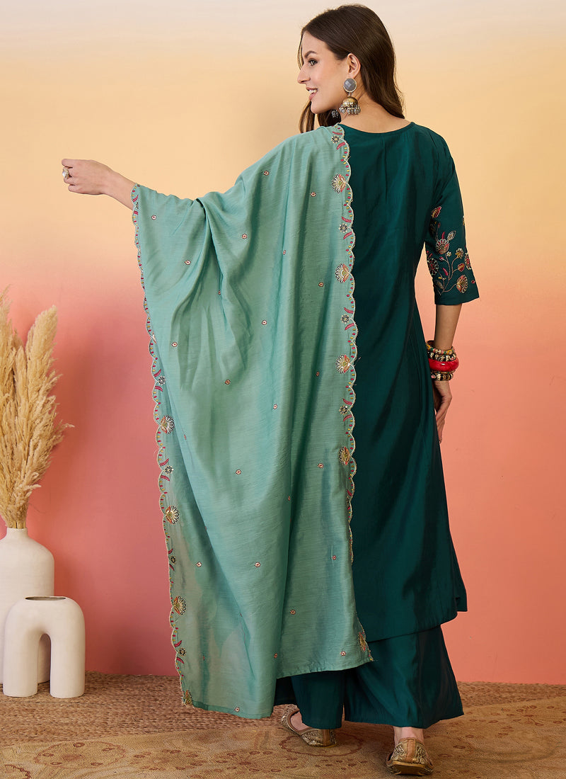 Vegaa Fashion Aqua Green Roman Silk Embroidered Palazzo Suit