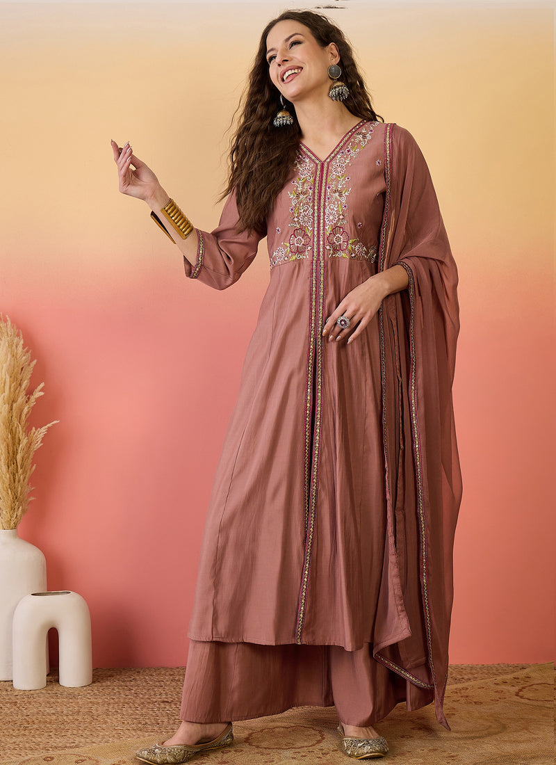 Vegaa Fashion Brown Roman Silk Embroidered Palazzo Suit