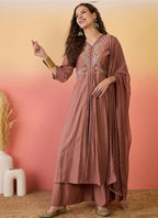 Vegaa Fashion Brown Roman Silk Embroidered Palazzo Suit
