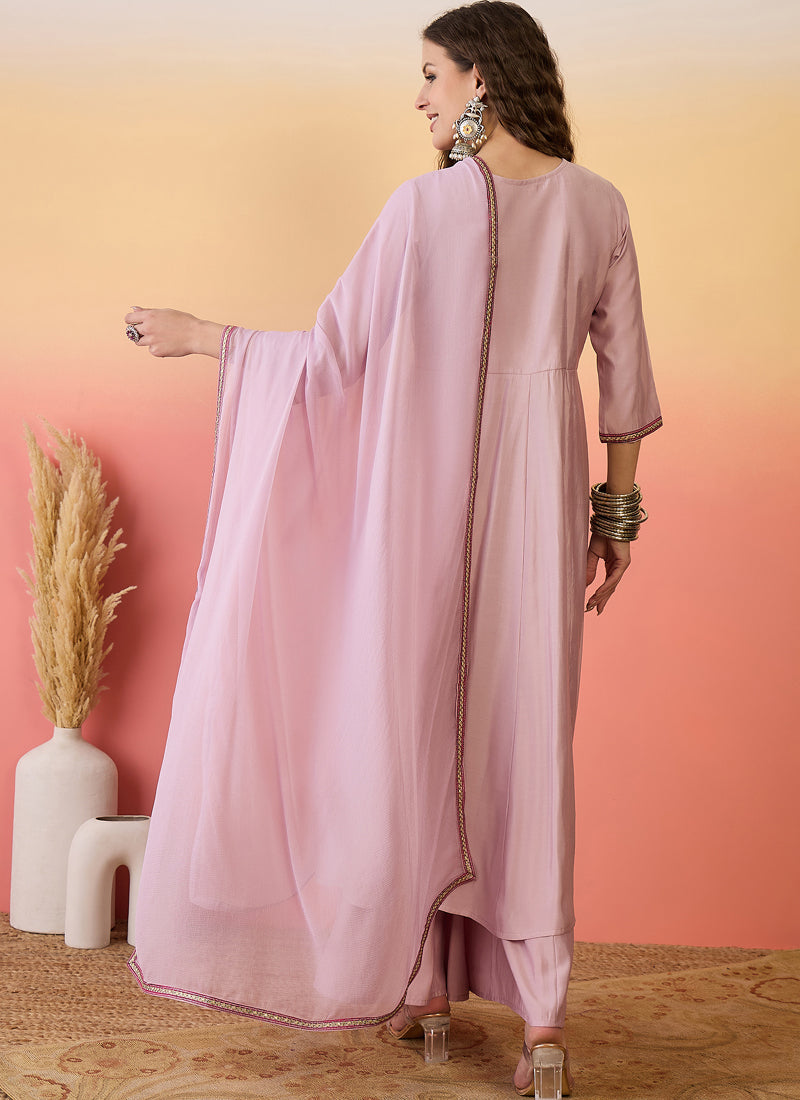 Vegaa Fashion Light Pink Roman Silk Embroidered Palazzo Suit