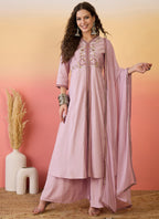 Vegaa Fashion Light Pink Roman Silk Embroidered Palazzo Suit