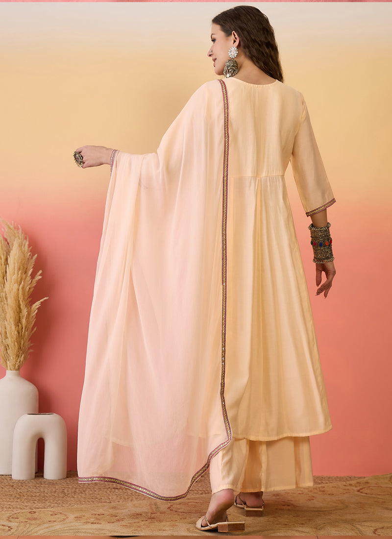 Vegaa Fashion Cream Roman Silk Embroidered Palazzo Suit