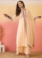Vegaa Fashion Cream Roman Silk Embroidered Palazzo Suit