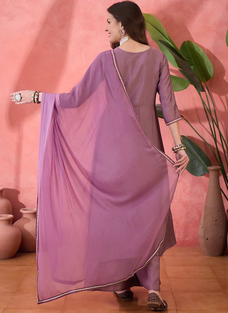 Vegaa Fashion Onion Pink Roman Silk Embroidered Palazzo Suit