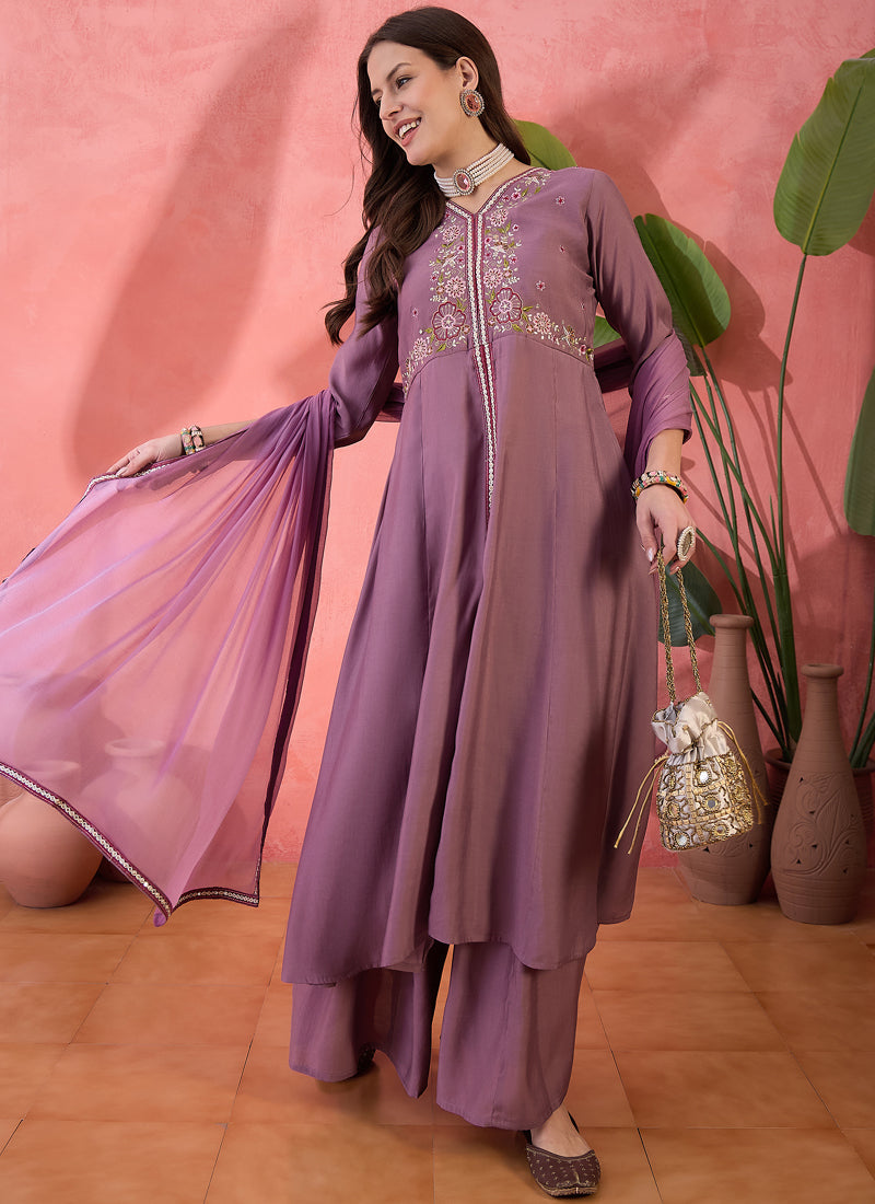 Vegaa Fashion Onion Pink Roman Silk Embroidered Palazzo Suit