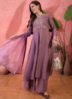 Vegaa Fashion Onion Pink Roman Silk Embroidered Palazzo Suit