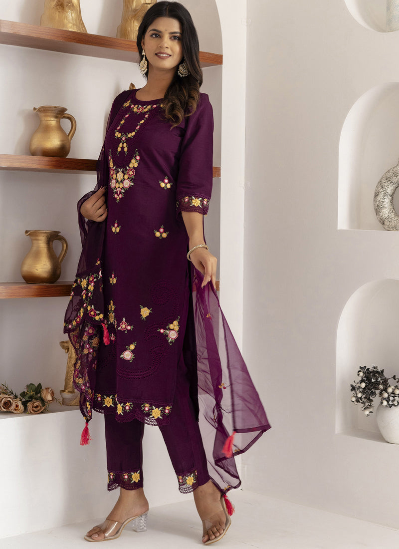 Vegaa Fashion Wine Viscose Silk Embroidered Salwar Suit - Distacart