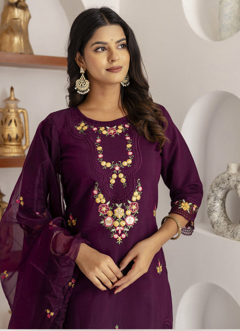 Vegaa Fashion Wine Viscose Silk Embroidered Salwar Suit - Distacart