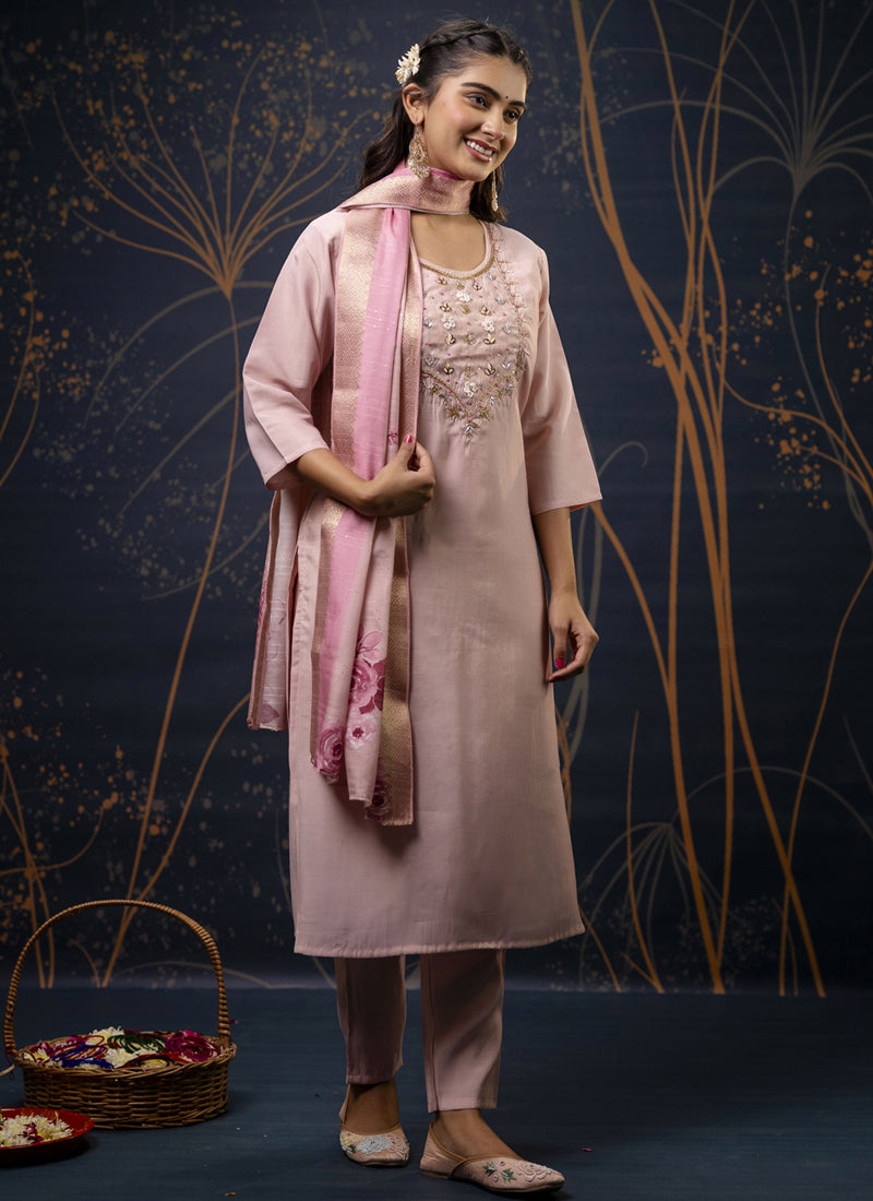 Vegaa Fashion Baby Pink Shimmer Silk Embroidered Salwar Suit - Distacart