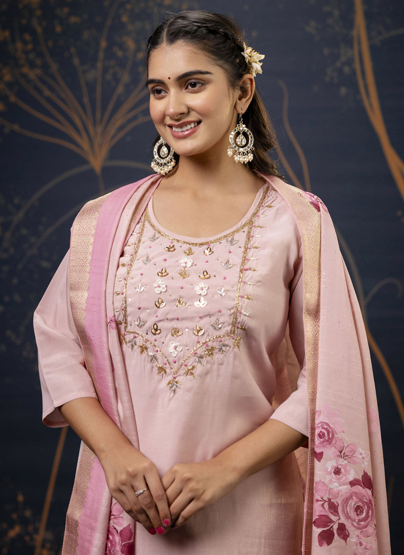 Vegaa Fashion Baby Pink Shimmer Silk Embroidered Salwar Suit - Distacart