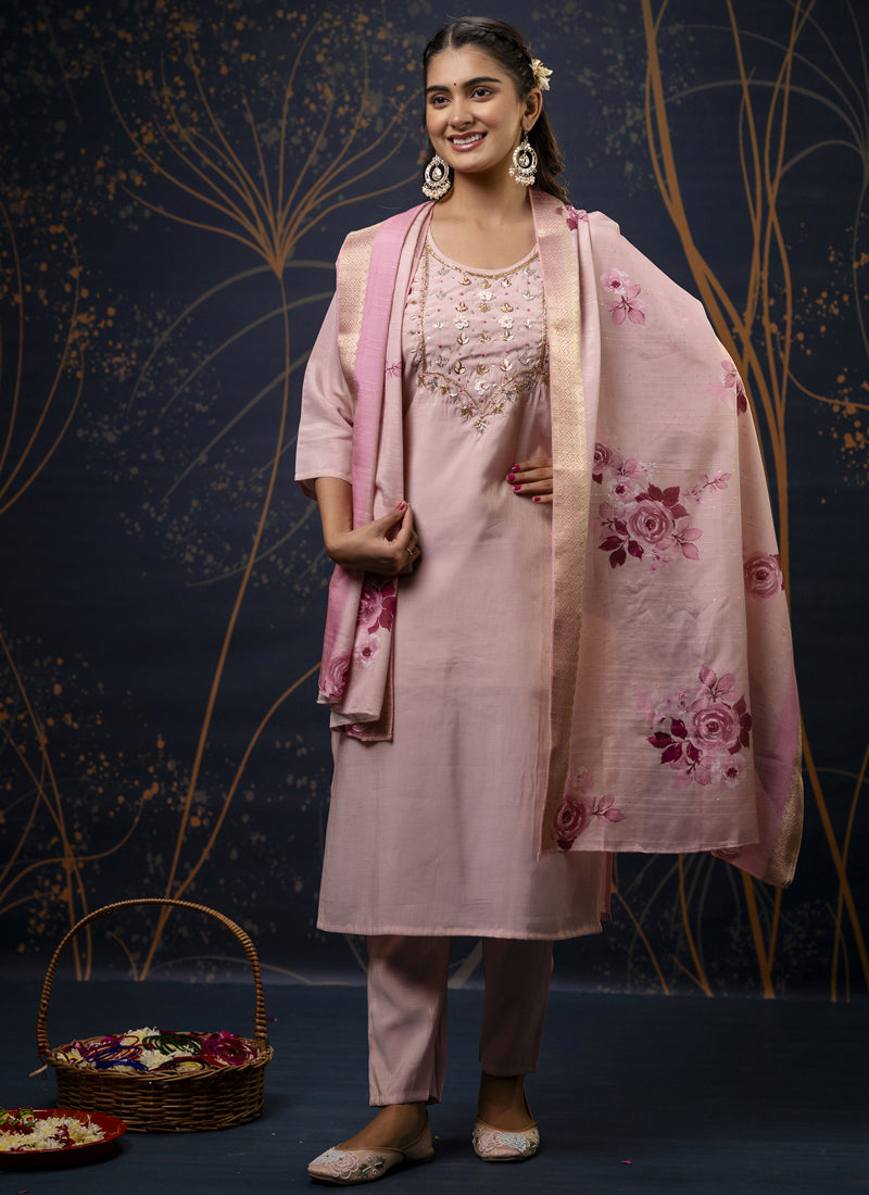 Vegaa Fashion Baby Pink Shimmer Silk Embroidered Salwar Suit - Distacart