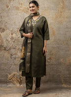 Vegaa Fashion Dark Mehendi Shimmer Silk Embroidered Salwar Suit - Distacart