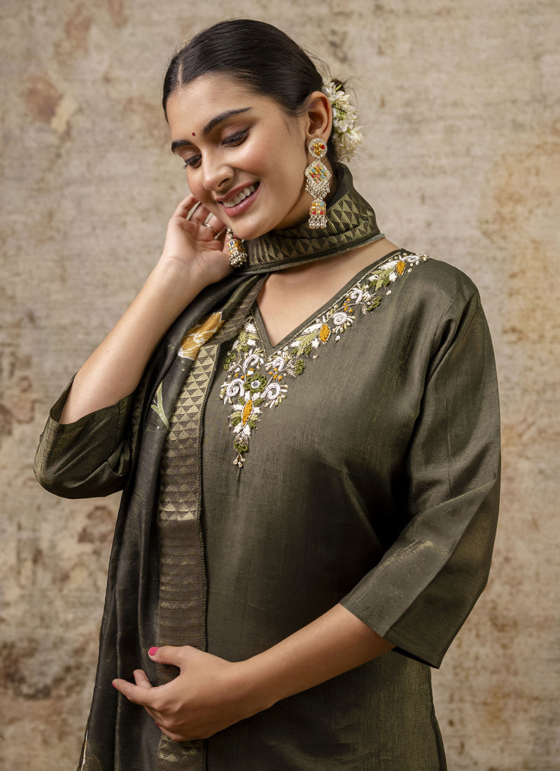 Vegaa Fashion Dark Mehendi Shimmer Silk Embroidered Salwar Suit - Distacart