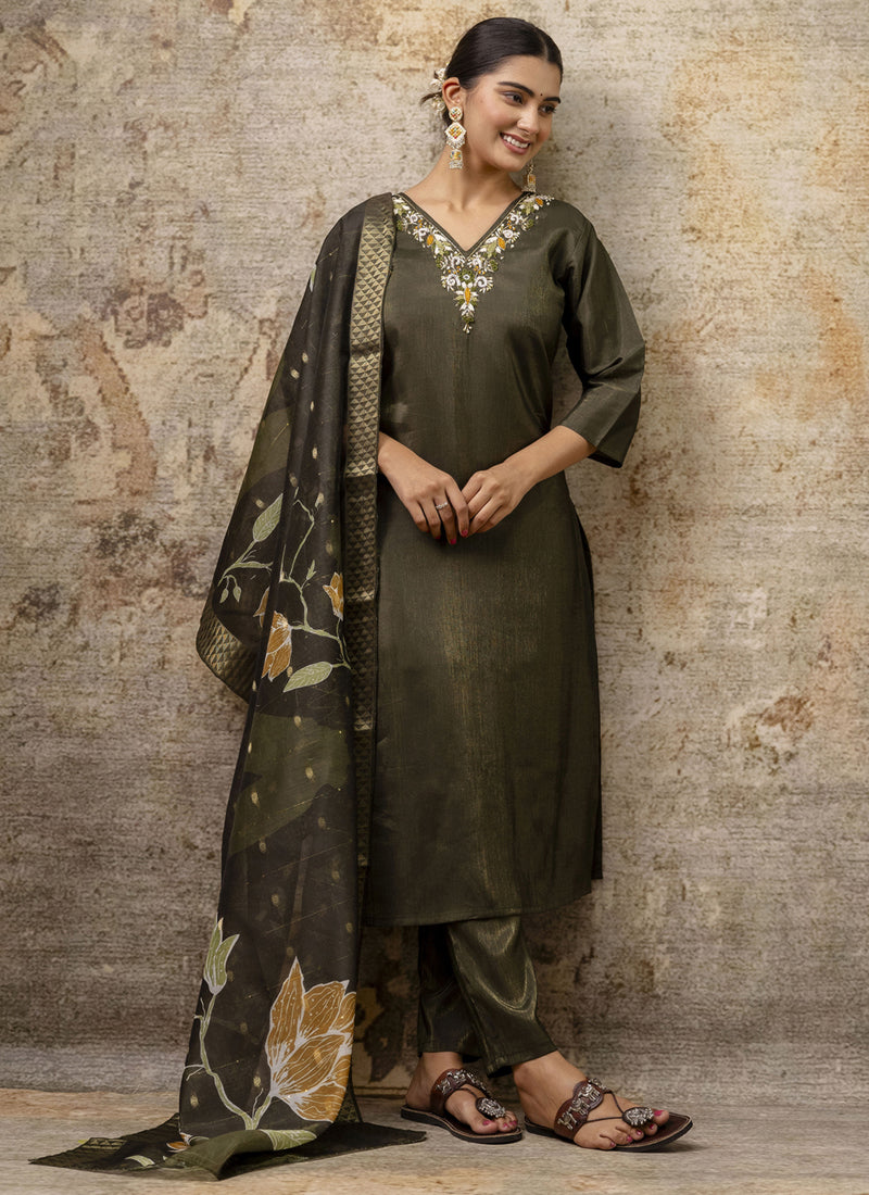 Vegaa Fashion Dark Mehendi Shimmer Silk Embroidered Salwar Suit - Distacart