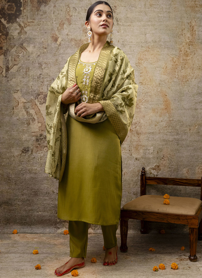 Vegaa Fashion Parrot Green Shimmer Silk Embroidered Salwar Suit - Distacart