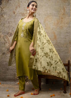 Vegaa Fashion Parrot Green Shimmer Silk Embroidered Salwar Suit - Distacart
