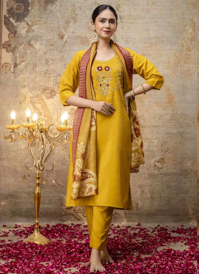 Vegaa Fashion Yellow Shimmer Silk Embroidered Salwar Suit - Distacart