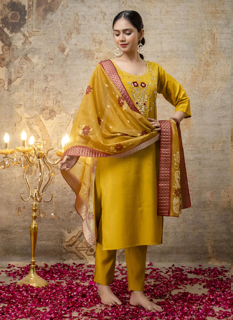 Vegaa Fashion Yellow Shimmer Silk Embroidered Salwar Suit - Distacart