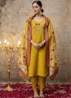 Vegaa Fashion Yellow Shimmer Silk Embroidered Salwar Suit - Distacart