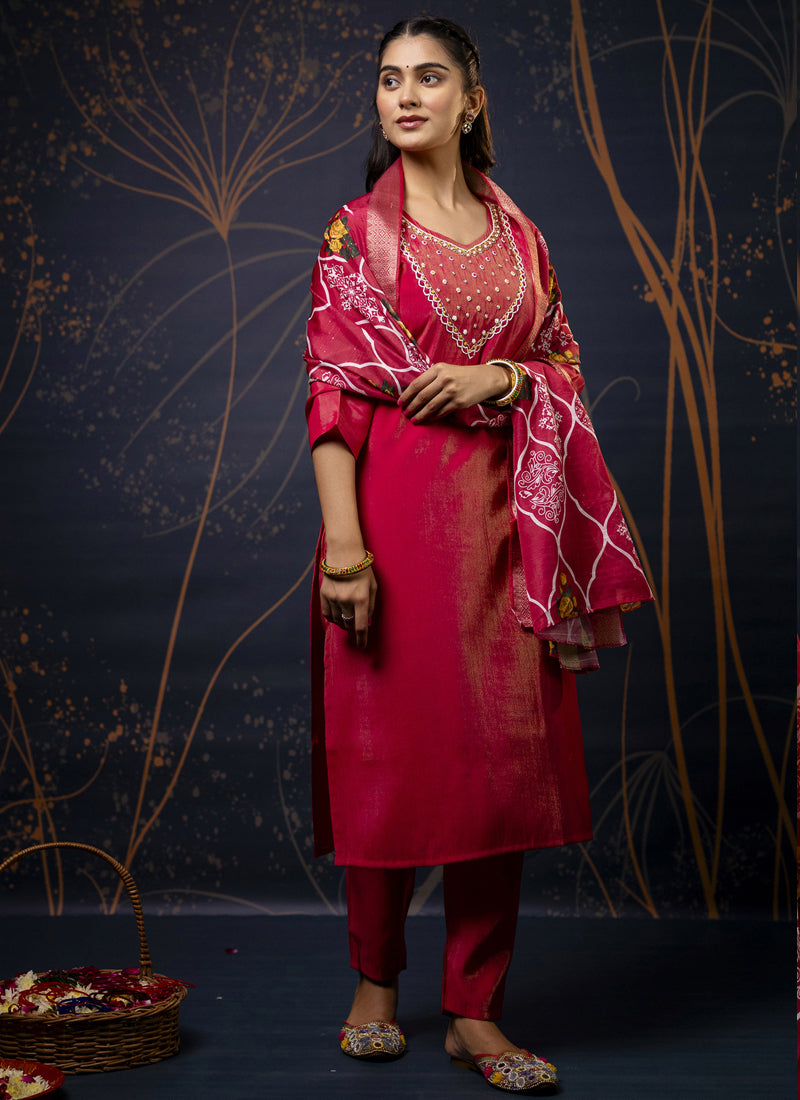 Vegaa Fashion Red Shimmer Silk Embroidered Salwar Suit - Distacart