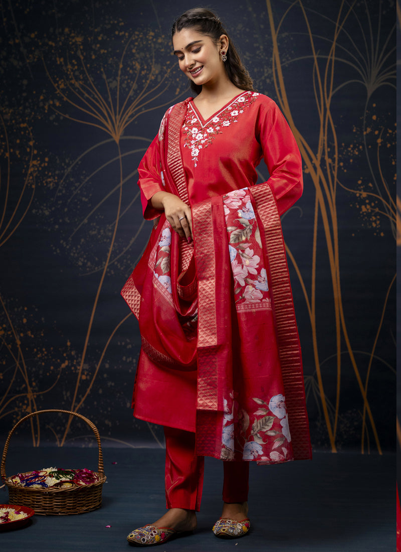 Vegaa Fashion Red Shimmer Silk Embroidered Salwar Suit - Distacart