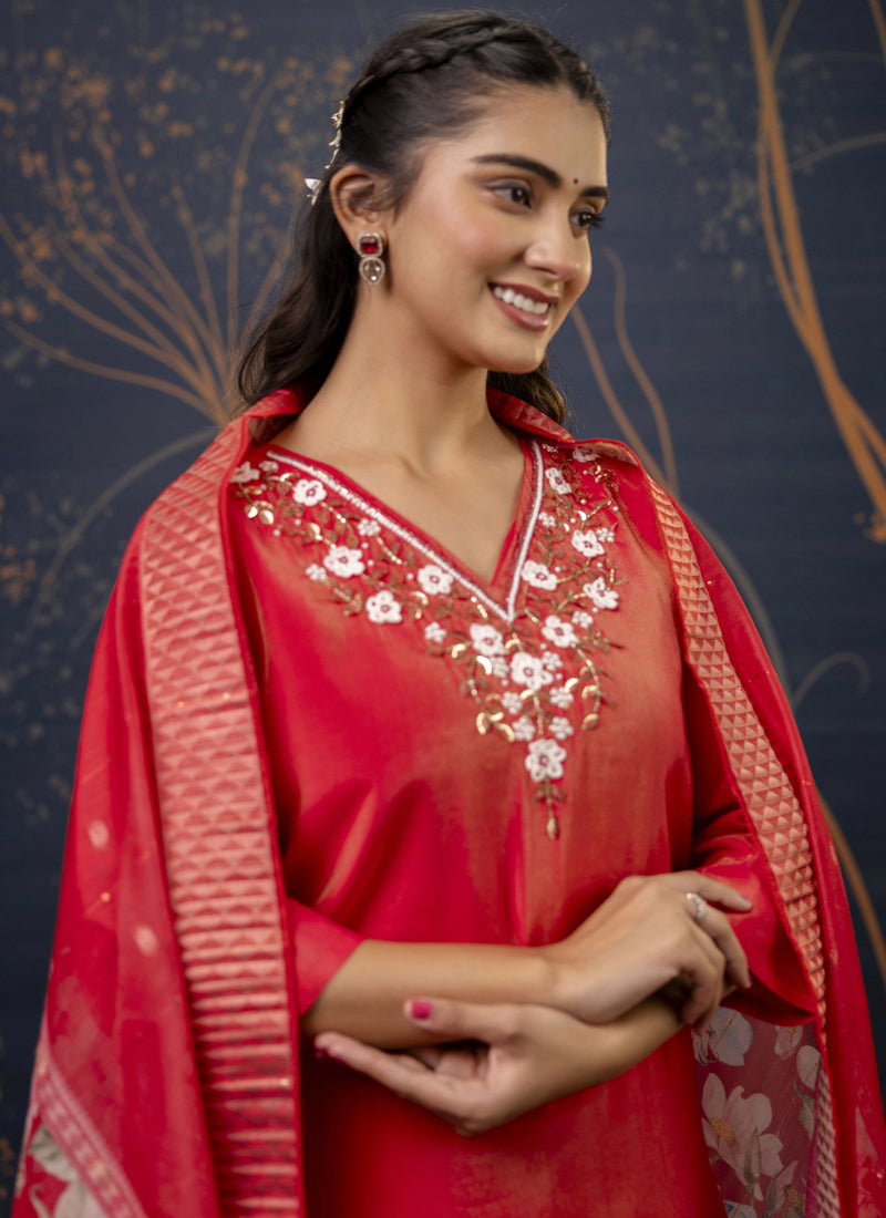 Vegaa Fashion Red Shimmer Silk Embroidered Salwar Suit - Distacart