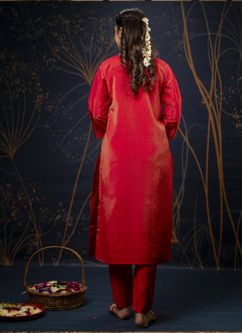 Vegaa Fashion Red Shimmer Silk Embroidered Salwar Suit - Distacart