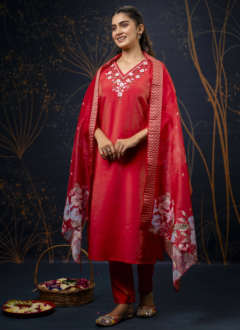 Vegaa Fashion Red Shimmer Silk Embroidered Salwar Suit - Distacart