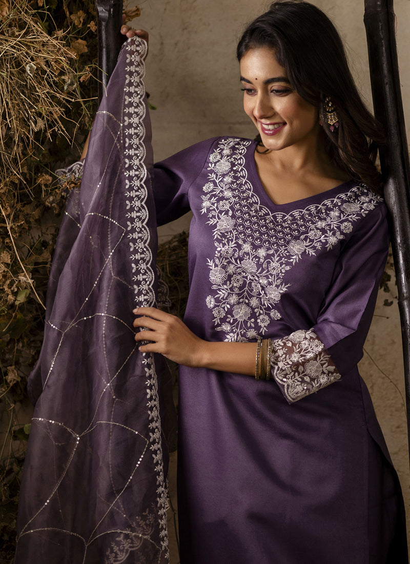 Vegaa Fashion Lavender Shimmer Silk Embroidered Salwar Suit - Distacart