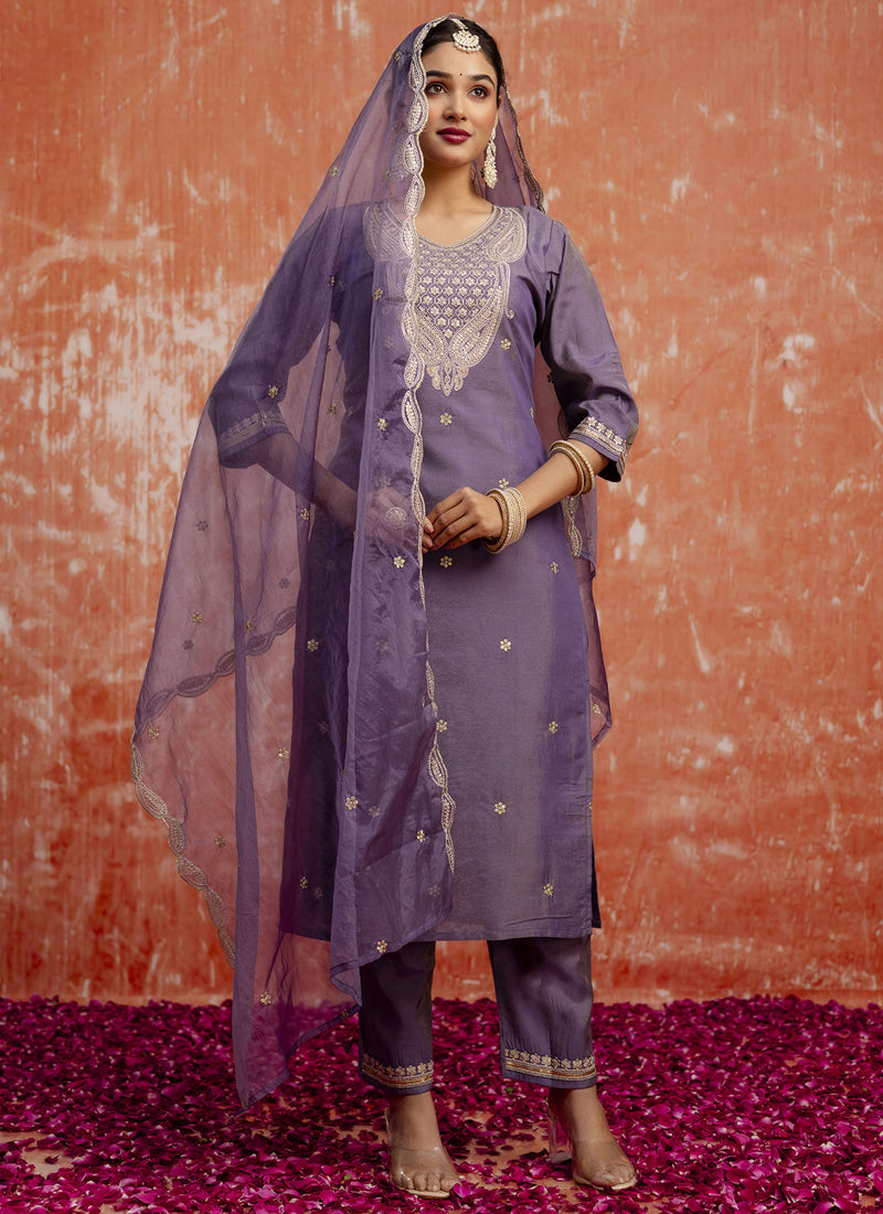 Vegaa Fashion Lavender Silk Blend Embroidered Salwar Suit - Distacart