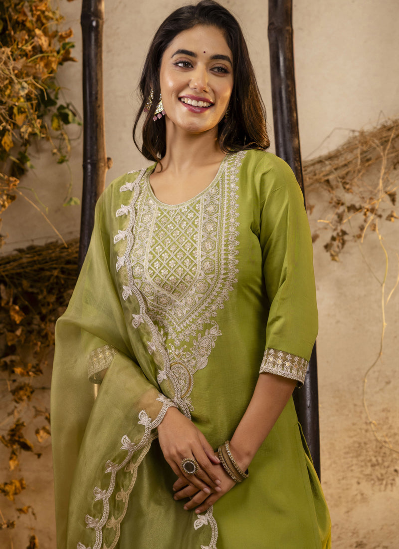 Vegaa Fashion Parrot Green Silk Blend Embroidered Salwar Suit - Distacart