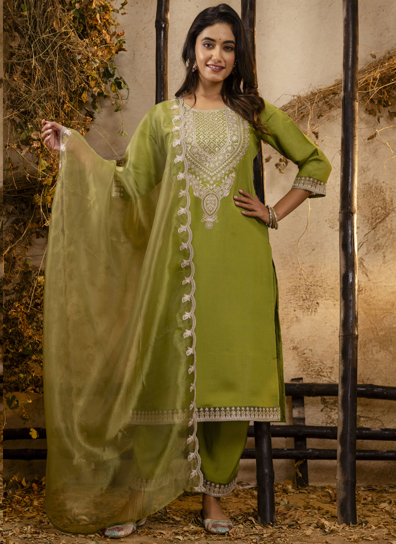 Vegaa Fashion Parrot Green Silk Blend Embroidered Salwar Suit - Distacart