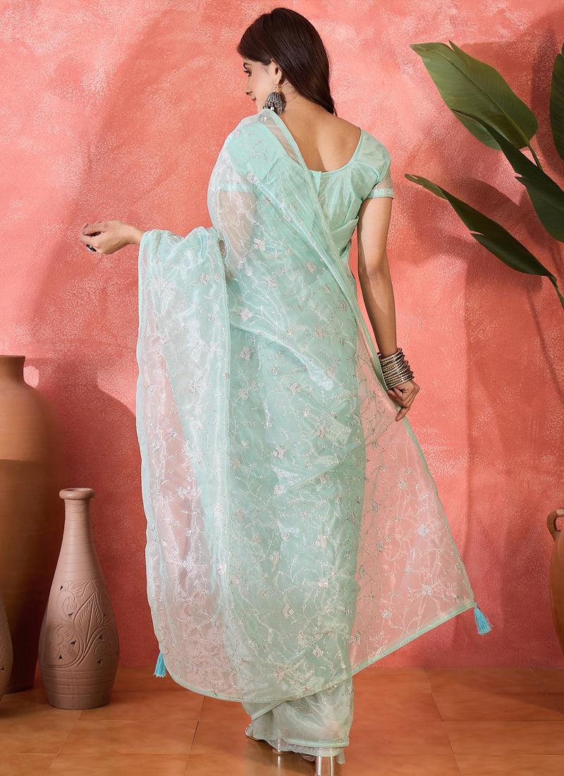 Vegaa Fashion Sea Green Organza Sequence Embroidered Party Wear Saree - Distacart