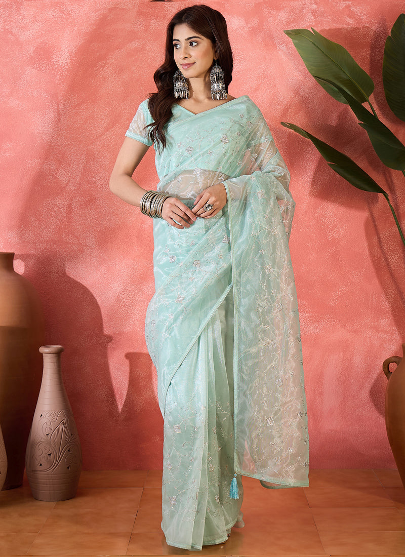 Vegaa Fashion Sea Green Organza Sequence Embroidered Party Wear Saree - Distacart