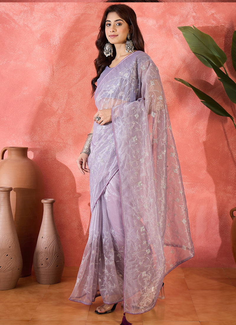 Vegaa Fashion Lavender Organza Sequence Embroidered Party Wear Saree - Distacart