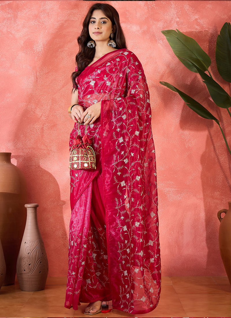 Vegaa Fashion Red Organza Sequence Embroidered Party Wear Saree - Distacart